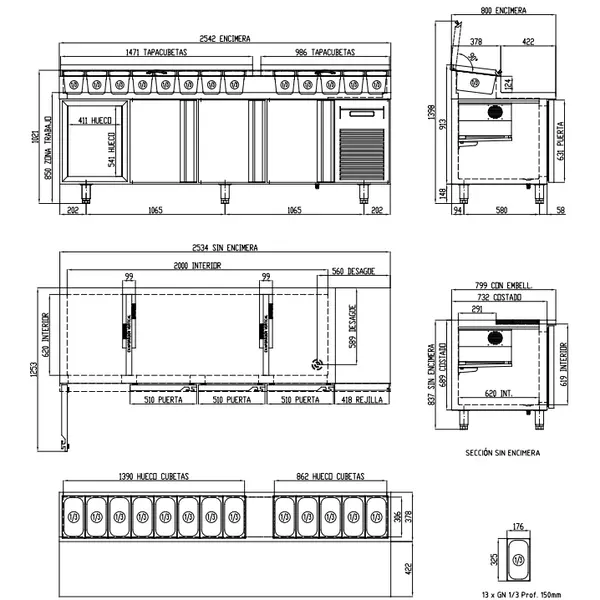Saladette | 800 RANGE | 761L | 4 Deuren (EN600x400) | Boven 13x 1/3 GN | 0°C/+8°C | Geforceerd | Klapdeksels | Temperatuuralarm | 2545x800x850/1021(h)mm