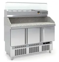 Coreco Pizzawerkbank + Opzetkoelvitrine | 700 RANGE | 264L | 3 Deuren (1/1 GN) | Boven 5x 1/4 GN | 0°C/+8°C | Statisch + Ventilator | Temperatuuralarm | 1370x700x890/1492(h)mm