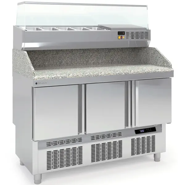 Pizzawerkbank + Opzetkoelvitrine | 700 RANGE | 264L | 3 Deuren (1/1 GN) | Boven 5x 1/4 GN | 0°C/+8°C | Geforceerd | Temperatuuralarm | 1370x700x890/1492(h)mm