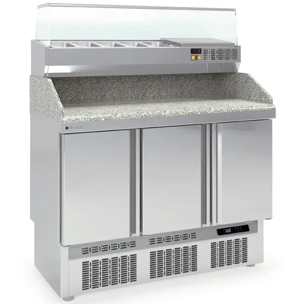 Pizzawerkbank + Opzetkoelvitrine | 700 RANGE | 399L | 3 Deuren (1/1 GN) | Boven 5x 1/4 GN | 0°C/+8°C | Statisch + Ventilator | Temperatuuralarm | 1370x700x970/1572(h)mm