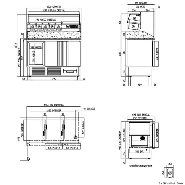 Pizzawerkbank + Opzetkoelvitrine | 700 RANGE | 399L | 3 Deuren (1/1 GN) | Boven 5x 1/4 GN | 0°C/+8°C | Geforceerd | Temperatuuralarm | 1370x700x970/1572(h)mm