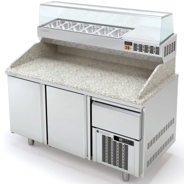 Pizzawerkbank + Opzetkoelvitrine | 800 RANGE | 362L | 2 Deuren + 1 Deeglade (EN600x400) | Boven 6x 1/4 GN | 0°C/+8°C | Statisch + Ventilator | Temperatuuralarm | 1565x800x850/1472(h)mm