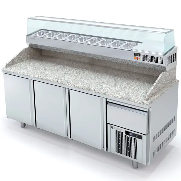 Pizzawerkbank + Opzetkoelvitrine | 800 RANGE | 562L | 3 Deuren + 1 Deeglade (EN600x400) | Boven 9x 1/4 GN | 0°C/+8°C | Statisch + Ventilator | Temperatuuralarm | 2090x800x850/1472(h)mm