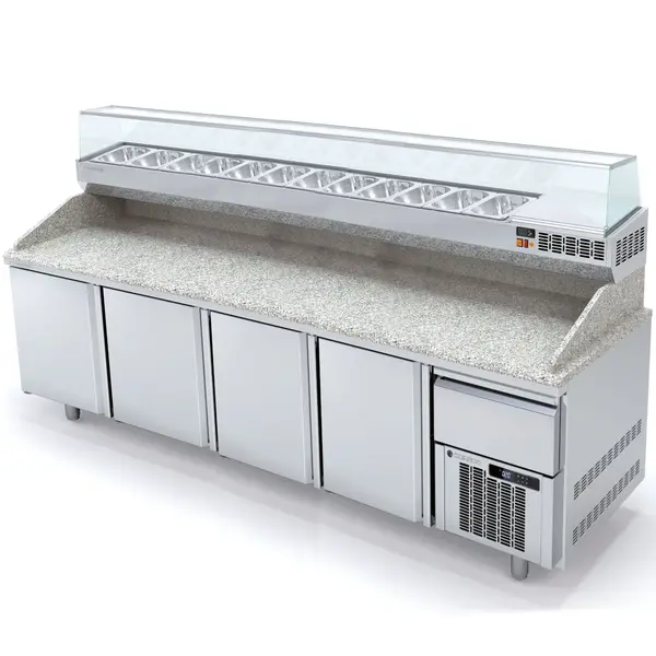 Pizzawerkbank + Opzetkoelvitrine | 800 RANGE | 761L | 4 Deuren + 1 Deeglade (EN600x400) | Boven 12x 1/4 GN | 0°C/+8°C | Statisch + Ventilator | Temperatuuralarm | 2615x800x850/1472(h)mm