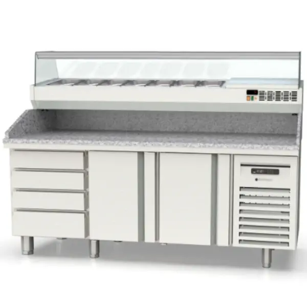 Pizzawerkbank + Opzetkoelvitrine | 800 RANGE | 362L | 2 Deuren + 4 Deegladen (EN600x400) | Boven 9x 1/4 GN | 0°C/+8°C | Statisch + Ventilator | Temperatuuralarm | 2020x800x850/1472(h)mm