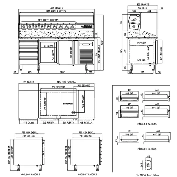 Pizzawerkbank + Opzetkoelvitrine | 800 RANGE | 362L | 2 Deuren + 4 Deegladen (EN600x400) | Boven 9x 1/4 GN | 0°C/+8°C | Geforceerd | Temperatuuralarm | 2020x800x850/1472(h)mm