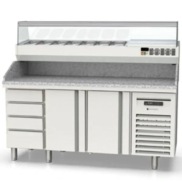 Pizzawerkbank + Opzetkoelvitrine | 700 RANGE | 255L | 2 Deuren + 4 Deegladen (1/1 GN) | Boven 8x 1/4 GN | 0°C/+8°C | Statisch + Ventilator | Temperatuuralarm | 1795x700x850/1472(h)mm