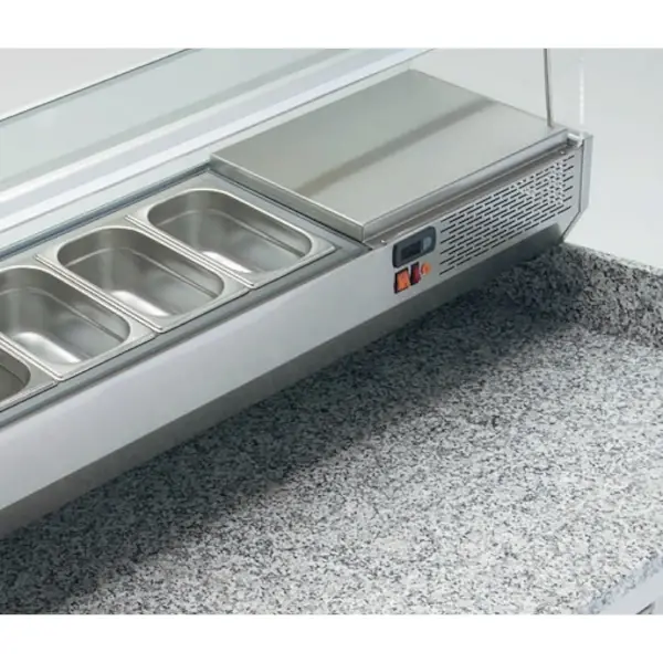 Pizzawerkbank + Opzetkoelvitrine | 700 RANGE | 255L | 2 Deuren + 4 Deegladen (1/1 GN) | Boven 8x 1/4 GN | 0°C/+8°C | Geforceerd | Temperatuuralarm | 1795x700x850/1472(h)mm