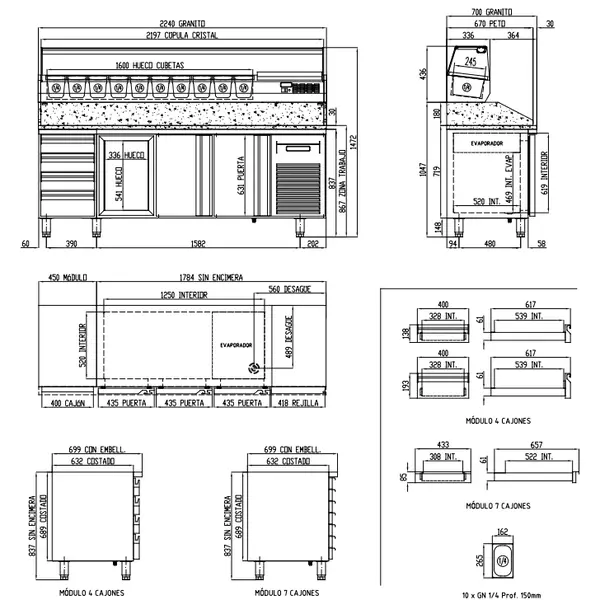 Pizzawerkbank + Opzetkoelvitrine | 700 RANGE | 399L | 3 Deuren + 4 Deegladen (1/1 GN) | Boven 10x 1/4 GN | 0°C/+8°C | Geforceerd | Temperatuuralarm | 2245x700x850/1472(h)mm