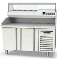 Coreco Pizzawerkbank + Opzetkoelvitrine | 600 RANGE | 245L | 2 Deuren | Boven 6x 1/4 GN | 0°C/+8°C | Statisch + Ventilator | Temperatuuralarm | 1495x600x850/1472(h)mm