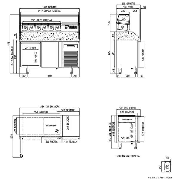 Pizzawerkbank + Opzetkoelvitrine | 600 RANGE | 245L | 2 Deuren | Boven 6x 1/4 GN | 0°C/+8°C | Geforceerd | Temperatuuralarm | 1495x600x850/1472(h)mm
