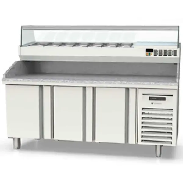 Pizzawerkbank + Opzetkoelvitrine | 600 RANGE | 380L | 3 Deuren | Boven 9x 1/4 GN | 0°C/+8°C | Statisch + Ventilator | Temperatuuralarm | 2020x600x850/1472(h)mm