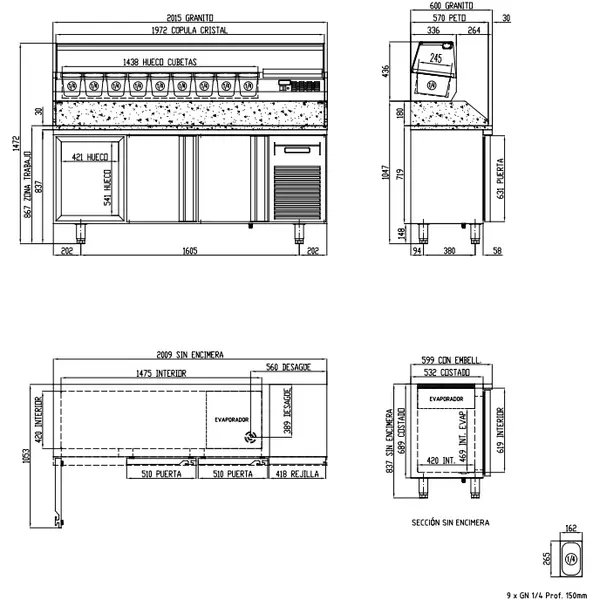 Pizzawerkbank + Opzetkoelvitrine | 600 RANGE | 380L | 3 Deuren | Boven 9x 1/4 GN | 0°C/+8°C | Geforceerd | Temperatuuralarm | 2020x600x850/1472(h)mm