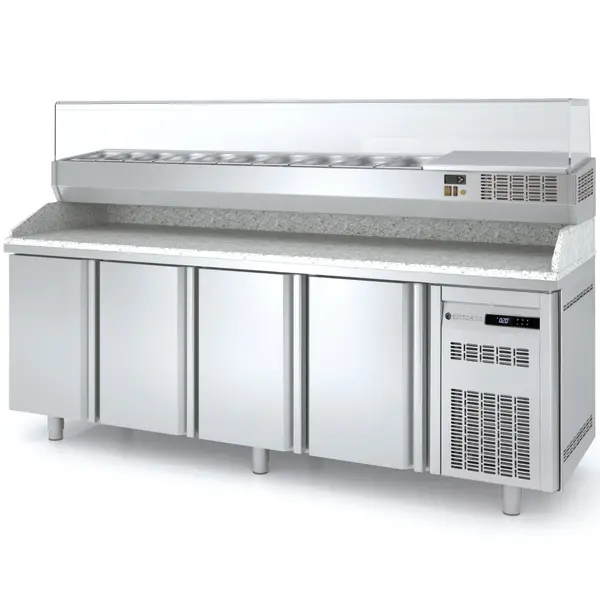 Pizzawerkbank + Opzetkoelvitrine | 600 RANGE | 516L | 4 Deuren | Boven 12x 1/4 GN | 0°C/+8°C | Statisch + Ventilator | Temperatuuralarm | 2545x600x850/1472(h)mm