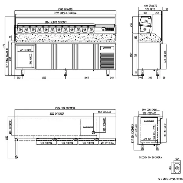 Pizzawerkbank + Opzetkoelvitrine | 600 RANGE | 516L | 4 Deuren | Boven 12x 1/4 GN | 0°C/+8°C | Geforceerd | Temperatuuralarm | 2545x600x850/1472(h)mm