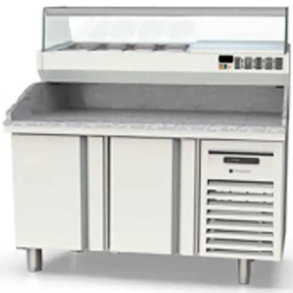 Pizzawerkbank + Opzetkoelvitrine | 700 RANGE | 255L | 2 Deuren (1/1 GN) | Boven 5x 1/4 GN | 0°C/+8°C | Statisch + Ventilator | Temperatuuralarm | 1345x700x850/1472(h)mm