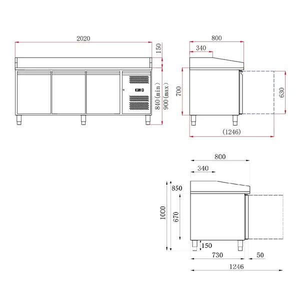 Pizzawerkbank | STANDARD LINE | 580L | 3 Deuren (EN600x400) | +2°C/+8°C | Geforceerd | 2025x800x1000(h)mm