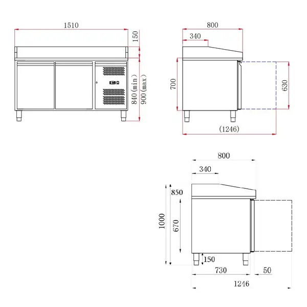 Pizzawerkbank | STANDARD LINE | 390L | 2 Deuren (EN600x400) | +2°C/+8°C | Geforceerd | 1510x800x1000(h)mm