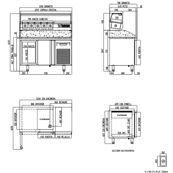 Pizzawerkbank + Opzetkoelvitrine | 700 RANGE | 255L | 2 Deuren (1/1 GN) | Boven 5x 1/4 GN | 0°C/+8°C | Geforceerd | Temperatuuralarm | 1345x700x850/1472(h)mm