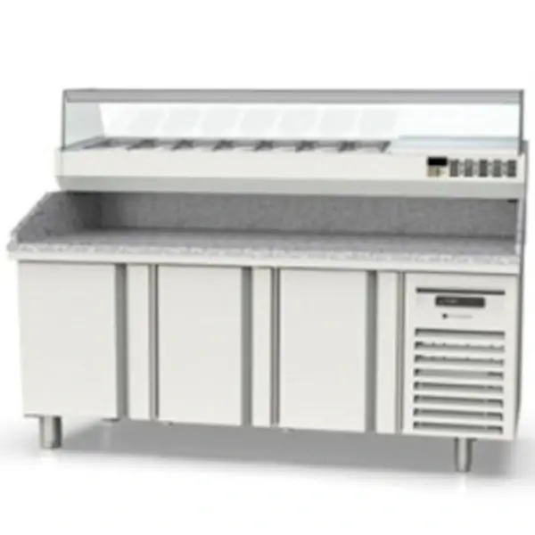 Pizzawerkbank + Opzetkoelvitrine | 700 RANGE | 399L | 3 Deuren (1/1 GN) | Boven 8x 1/4 GN | 0°C/+8°C | Geforceerd | Temperatuuralarm | 1795x700x850/1472(h)mm