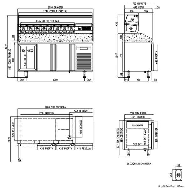Pizzawerkbank + Opzetkoelvitrine | 700 RANGE | 399L | 3 Deuren (1/1 GN) | Boven 8x 1/4 GN | 0°C/+8°C | Geforceerd | Temperatuuralarm | 1795x700x850/1472(h)mm