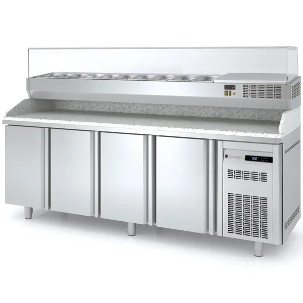 Pizzawerkbank + Opzetkoelvitrine | 700 RANGE | 543L | 4 Deuren (1/1 GN) | Boven 10x 1/4 GN | 0°C/+8°C | Statisch + Ventilator | Temperatuuralarm | 2245x700x850/1472(h)mm