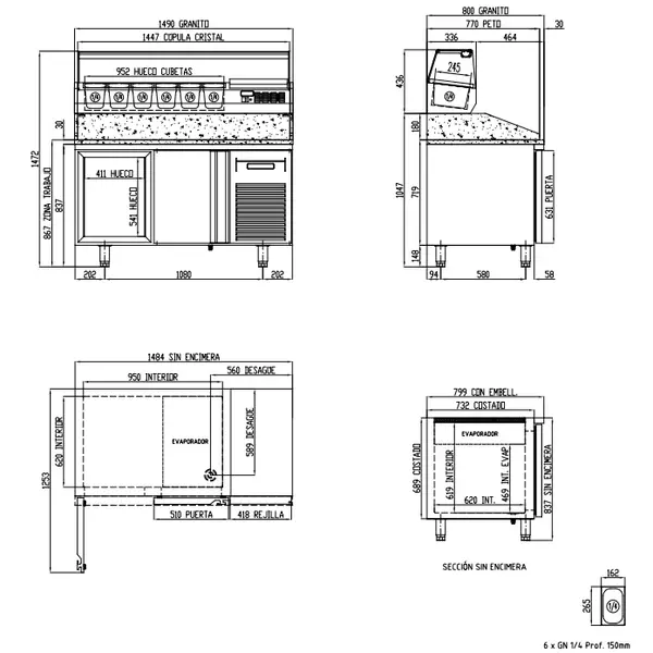 Pizzawerkbank + Opzetkoelvitrine | 800 RANGE | 362L | 2 Deuren (EN600x400) | Boven 6x 1/4 GN | 0°C/+8°C | Geforceerd | Temperatuuralarm | 1495x800x850/1472(h)mm
