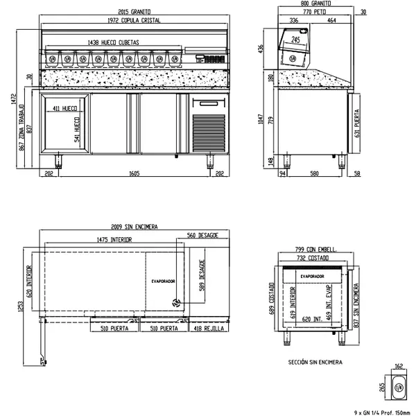 Pizzawerkbank + Opzetkoelvitrine | 800 RANGE | 562L | 3 Deuren (EN600x400) | Boven 9x 1/4 GN | 0°C/+8°C | Geforceerd | Temperatuuralarm | 2020x800x850/1472(h)mm