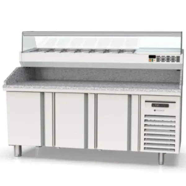 Pizzawerkbank + Opzetkoelvitrine | 800 RANGE | 562L | 3 Deuren (EN600x400) | Boven 9x 1/4 GN | 0°C/+8°C | Statisch + Ventilator | Temperatuuralarm | 2020x800x850/1472(h)mm