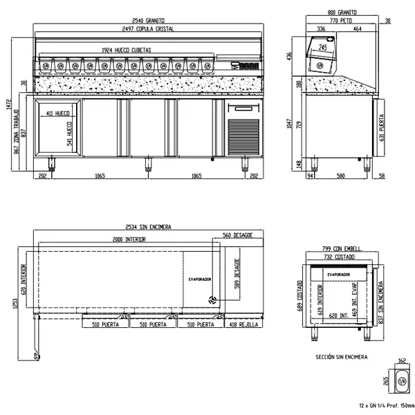 Pizzawerkbank + Opzetkoelvitrine | 800 RANGE | 761L | 4 Deuren (EN600x400) | Boven 12x 1/4 GN | 0°C/+8°C | Geforceerd | Temperatuuralarm | 2545x800x850/1472(h)mm