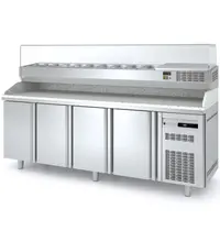 Coreco Pizzawerkbank + Opzetkoelvitrine | 800 RANGE | 761L | 4 Deuren (EN600x400) | Boven 12x 1/4 GN | 0°C/+8°C | Statisch + Ventilator | Temperatuuralarm | 2545x800x850/1472(h)mm