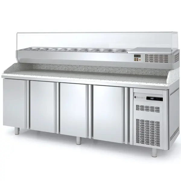 Pizzawerkbank + Opzetkoelvitrine | 800 RANGE | 761L | 4 Deuren (EN600x400) | Boven 12x 1/4 GN | 0°C/+8°C | Statisch + Ventilator | Temperatuuralarm | 2545x800x850/1472(h)mm