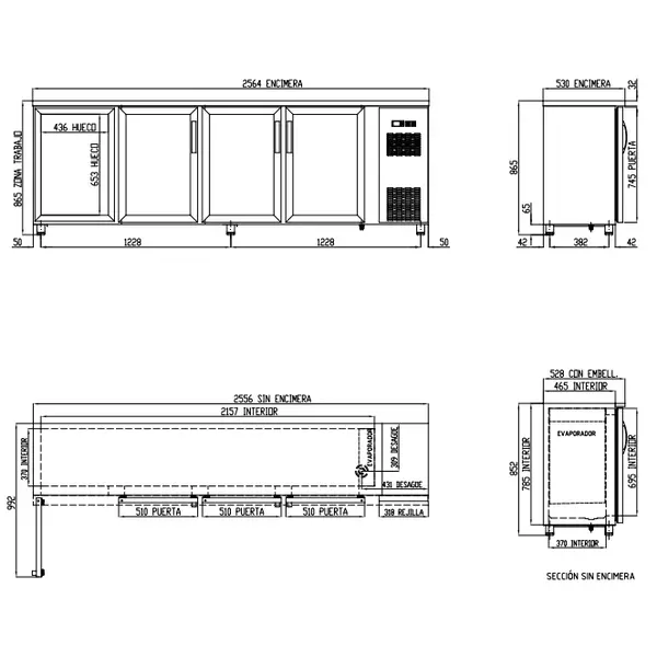 Barkoelkast | SB | 650L | RVS | 0°C/+7°C | Geforceerd | Draaideuren | Temperatuuralarm | 2565x530x850(h)mm