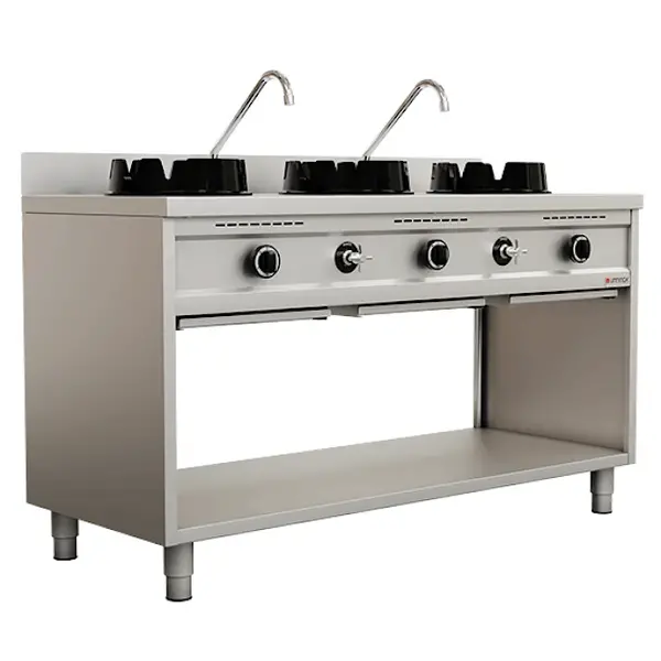 Wokfornuis | Gas | 3 Branders (3x 15kW) | Waterkranen | Open Onderkast | 1500x600x850/1000(h)mm