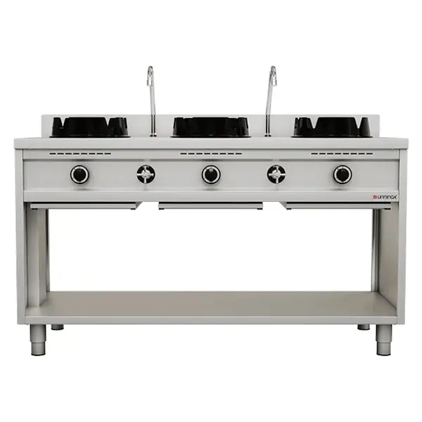 Wokfornuis | Gas | 3 Branders (3x 15kW) | Waterkranen | Open Onderkast | 1500x600x850/1000(h)mm