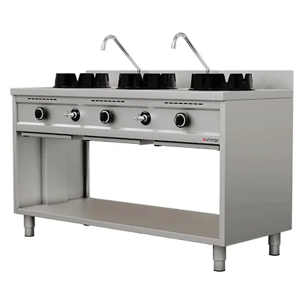 Wokfornuis | Gas | 3 Branders (3x 15kW) | Waterkranen | Open Onderkast | 1500x600x850/1000(h)mm