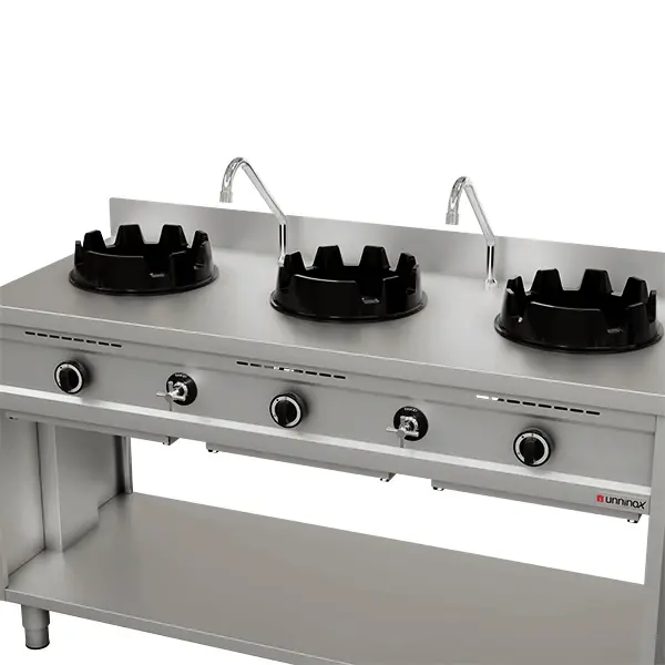 Wokfornuis | Gas | 3 Branders (3x 15kW) | Waterkranen | Open Onderkast | 1500x600x850/1000(h)mm