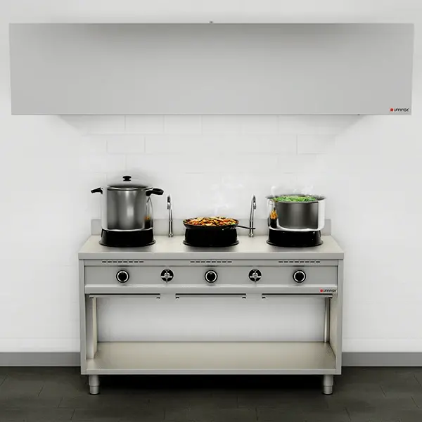 Wokfornuis | Gas | 3 Branders (3x 15kW) | Waterkranen | Open Onderkast | 1500x600x850/1000(h)mm