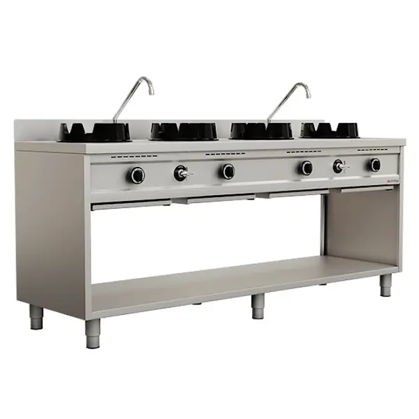Wokfornuis | Gas | 4 Branders (4x 15kW) | Waterkranen | Open Onderkast | 2000x600x850/1000(h)mm