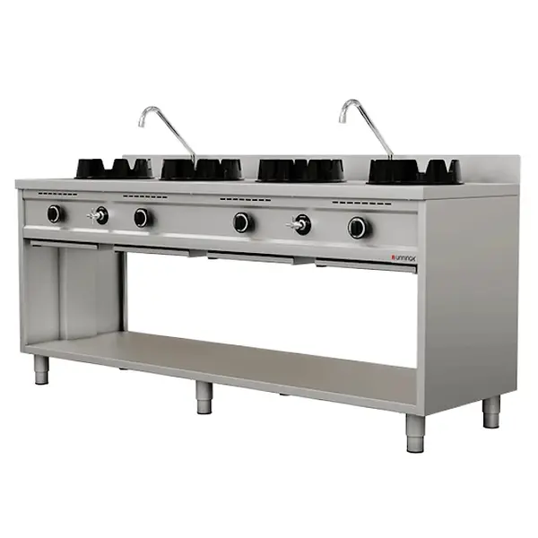 Wokfornuis | Gas | 4 Branders (4x 15kW) | Waterkranen | Open Onderkast | 2000x600x850/1000(h)mm