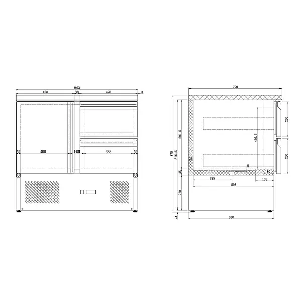 Koelwerkbank | 257L | 1 Deur (1/1 GN) + 2 Laden | +2°C/+8°C | Statisch + Ventilator | 900x700x875(h)mm