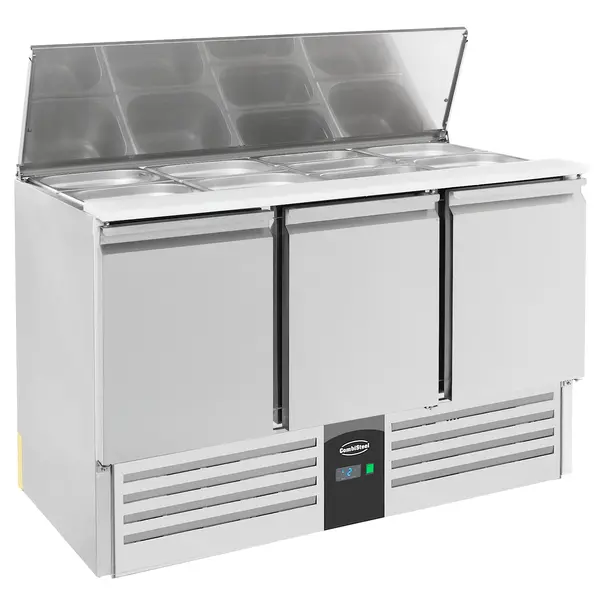 Saladette | COMPACT LINE | 368L | 3 Deuren (1/1 GN) | Boven 4x 1/1 GN | +2°C/+8°C | Statisch + Ventilator | Klapdeksel | 1370x700x870(h)mm