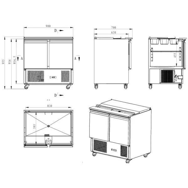 Saladette | COMPACT LINE | 230L | 2 Deuren (1/1 GN) | Boven 2x 1/1 GN | +2°C/+8°C | Statisch + Ventilator | Klapdeksel | Wielen (Geremd) | 900x700x870(h)mm