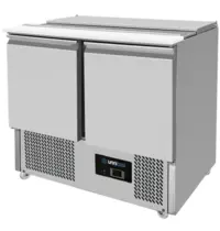 UNNICOOL Saladette | COMPACT LINE | 230L | 2 Deuren (1/1 GN) | Boven 2x 1/1 GN | +2°C/+8°C | Statisch + Ventilator | Klapdeksel | Wielen (Geremd) | 900x700x870(h)mm