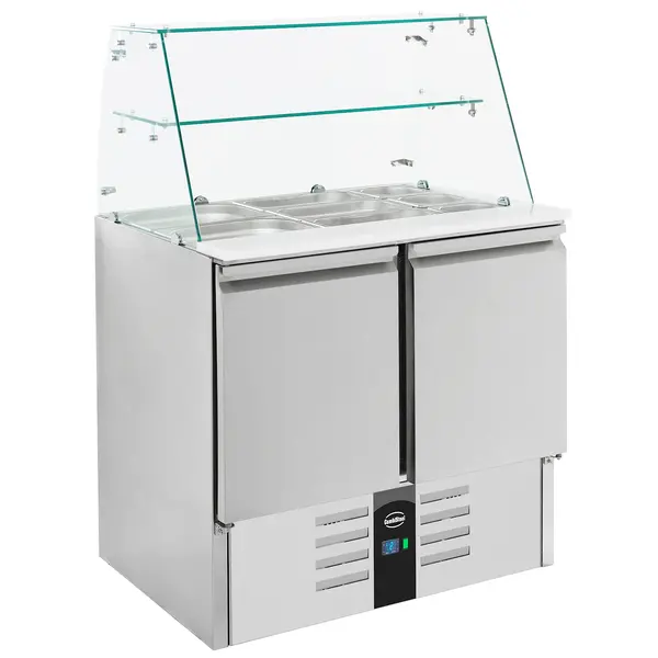 Saladette | COMPACT LINE | 2 Deuren (1/1 GN) | Boven 2x 1/1 GN + 3x 1/6 GN | +2°C/+8°C | Statisch + Ventilator | Glasopzet + Snijblad | 900x700x850/1310(h)mm