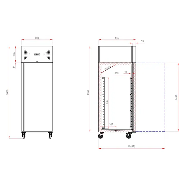 Koelkast | STANDARD LINE | 600L (2/1 GN) | RVS | +2°C/+8°C | Statisch + Ventilator | Wielen (Geremd) | 680x810x2010(h)mm