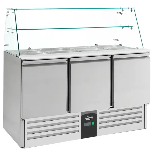 Saladette | COMPACT LINE | 3 Deuren (1/1 GN) | Boven 4x 1/1 GN | +2°C/+8°C | Statisch + Ventilator | Glasopzet + Snijblad | 1365x700x850/1310(h)mm