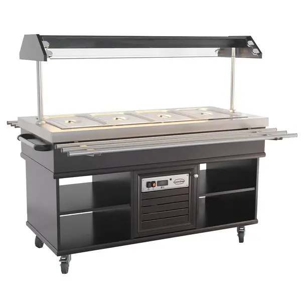 Gekoeld Buffet | Hout/RVS | 4x 1/1 GN | +4°C/+8°C | Statisch | Verlichte Kap | Wielen (Geremd) | 1500x700x1400(h)mm