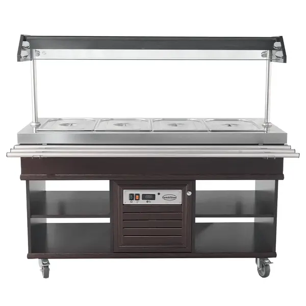 Gekoeld Buffet | Hout/RVS | 4x 1/1 GN | +4°C/+8°C | Statisch | Verlichte Kap | Wielen (Geremd) | 1500x700x1400(h)mm