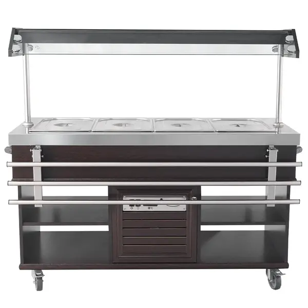 Gekoeld Buffet | Hout/RVS | 4x 1/1 GN | +4°C/+8°C | Statisch | Verlichte Kap | Wielen (Geremd) | 1500x700x1400(h)mm